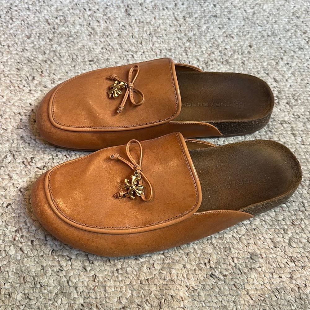 Brown Leather Mules with Gold Accents